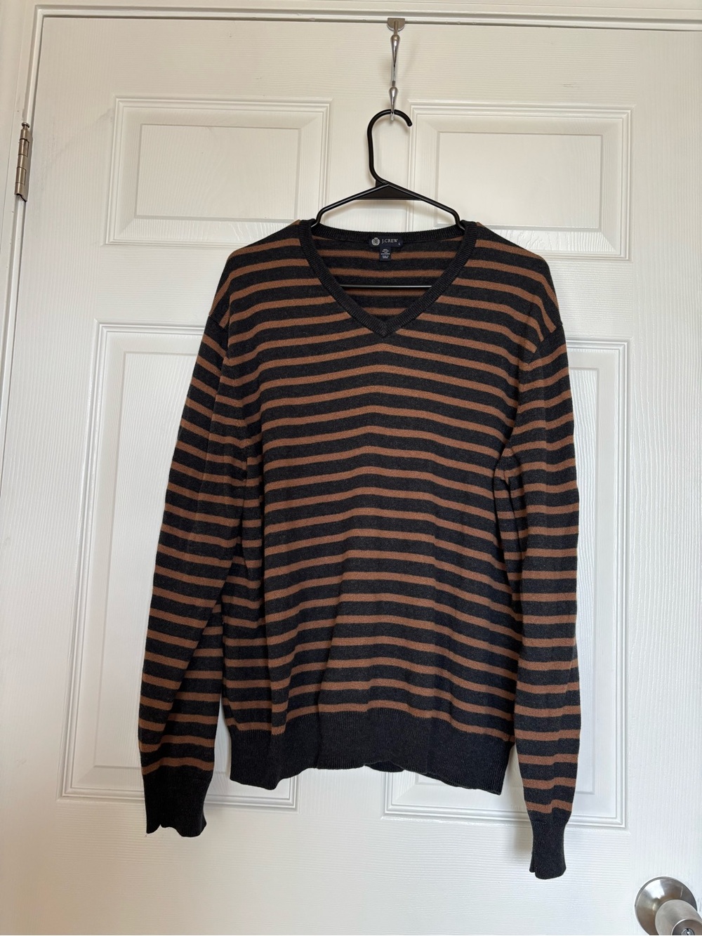 J. Crew Men’s Black and Brown Striped V-Neck Sweater
